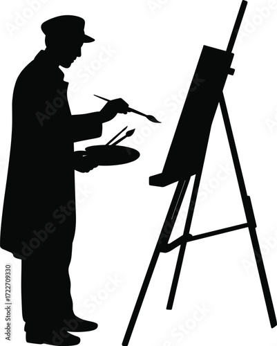 Black and white artist silhouette, painter at easel with palette and brush, creative painting illustration, artistic creation, fine art concept