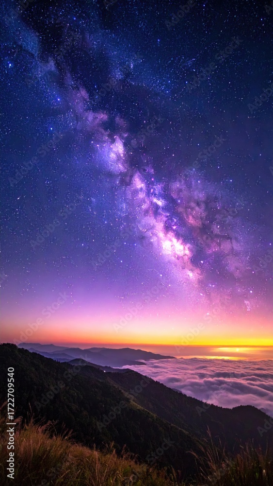 Fototapeta premium Milky Way above mountain range at dawn