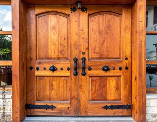 Rich Brown Wooden Double Doors Exterior Entrance