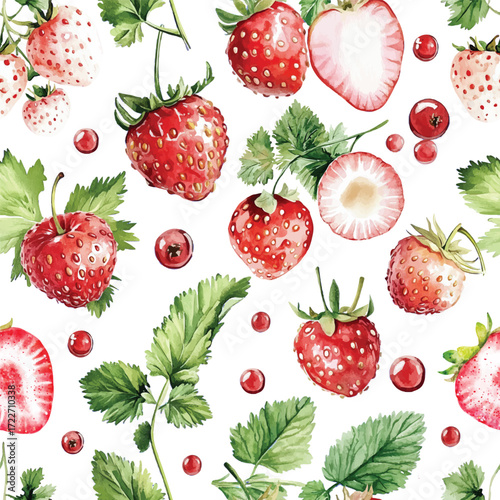watercolor strawberries berry Seamless pattern on white background red berries with leaves for fabric design, rustic kitchen textiles, packaging and botanical print projects