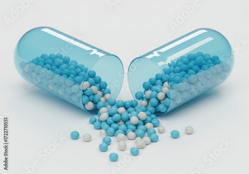 Open blue gelatin capsule spilling out blue and white pellets isolated on white background