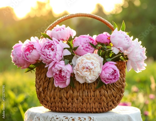 Fototapeta Naklejka Na Ścianę i Meble -  Basket of peonies in sunlight