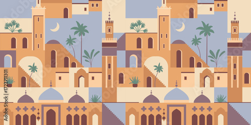 Palestine background. Seamless islamic pattern. Old moroccan houses. Saudi muslim arab design. Arabic arches, city walls. Traditional heritage decor. Arabian market abstract shapes Mughal aesthetic bg