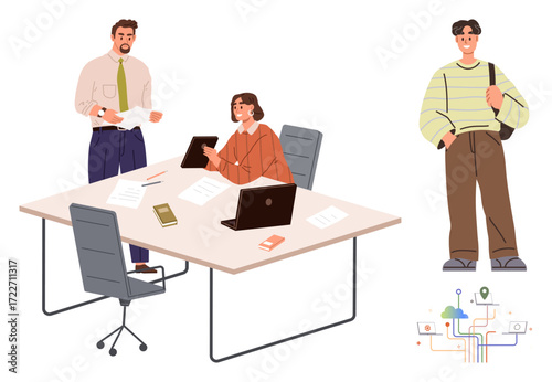 Two colleagues discussing work at a desk with laptops and papers, while a casual bystander observes. Ideal for teamwork, collaboration, workplace, productivity, brainstorming, communication, simple