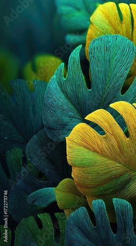 Vibrant tropical leaves in teal and gold