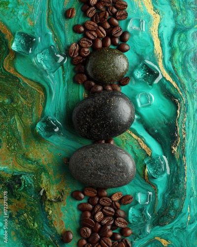Teal, marbled surface with coffee beans, stones, and ice