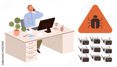 Man on phone at desk with bug warning sign and robot faces indicating system errors. Ideal for technology, programming, debugging, cybersecurity, software development, error handling, automation. A