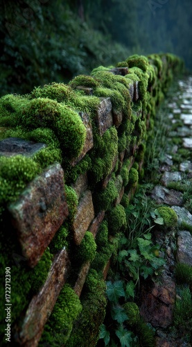 Moss-covered brick wall along a pathway in a forest