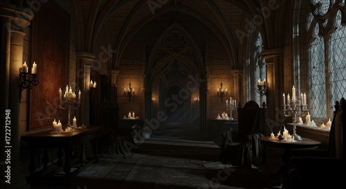 A dimly lit, gothic, candlelit room with stone walls, arches, and windows. The room is filled with candles and has a mysterious, eerie atmosphere.