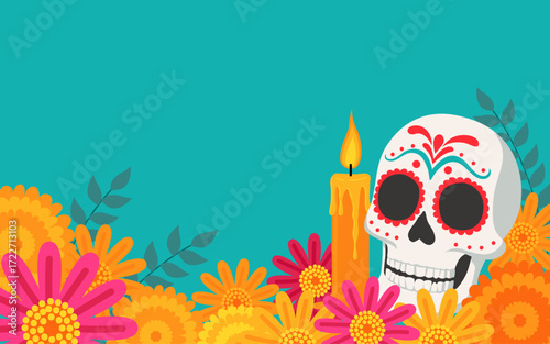 Day of the Dead Sugar Skull with Candle and Marigold Flowers, Día de los Muertos background