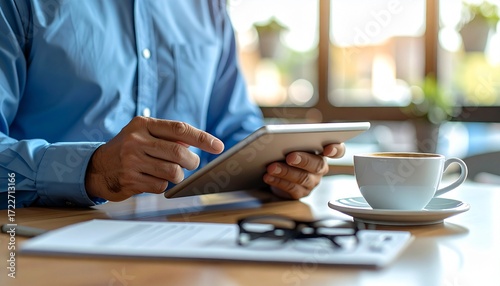 Man using tablet in cafe