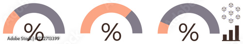 Three semicircle gauges with percentage signs, representing progress and analytics, alongside bar charts and icons. Ideal for data tracking, performance, analytics, statistics, progress, monitoring