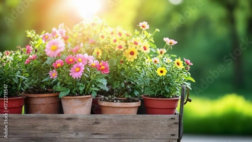 Wallpaper Mural Colorful potted flowers on a rustic wooden cart outdoors, pink, yellow, and white blooms. Torontodigital.ca