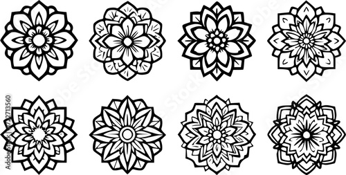 Intricate Black and White Floral Mandala Design | Symmetrical Mehndi-Inspired Art | Detailed Geometric Patterns for Coloring Books and Tattoos
