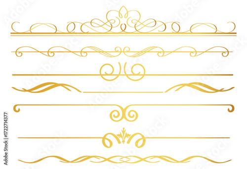 set of decorative design elements. A collection of golden decorative borders with swirls and flourishes on a white background display