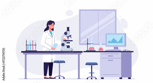 A female scientist in a white lab coat stands at a workbench with a microscope, test tubes, and computer in a laboratory setting.