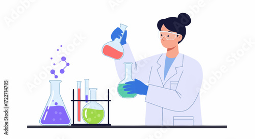 A female scientist in a lab coat and goggles holds a flask with red liquid, with various beakers and flasks containing different colored liquids on a table.