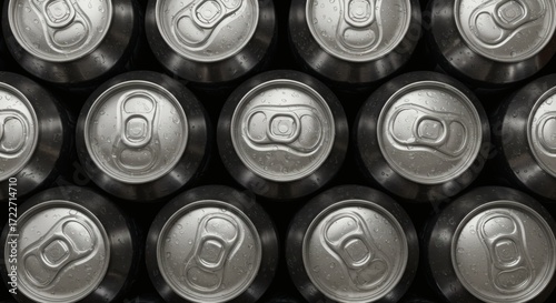 Top-down aerial view of a grid of unopened aluminum beverage cans creating a repeating metallic pattern background