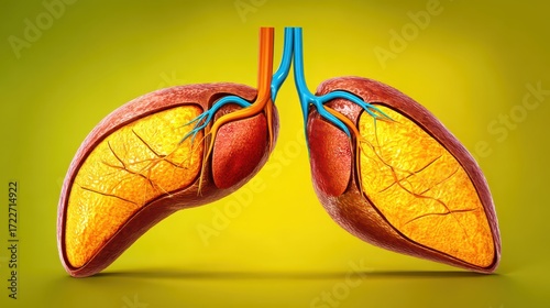 Anatomical Illustration of Human Lungs on Yellow Background