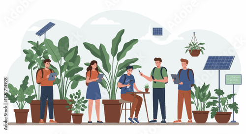 Students collaborating on a sustainable project amidst lush indoor plants and solar panels.