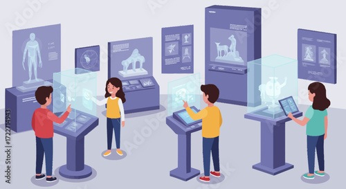 Children explore interactive exhibits at a modern museum using holographic technology.