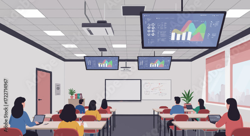 Modern classroom with students attentively listening to a lecture, utilizing technology for learning.