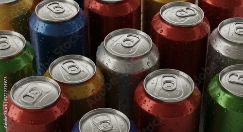 Assortment of Colorful Aluminum Beverage Cans A Close-Up View