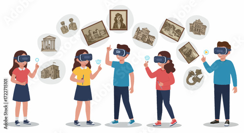 A group of diverse children wearing VR headsets explore a virtual museum of historical photos and artifacts.
