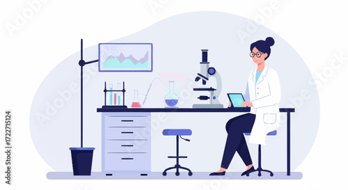A female scientist in a white lab coat works on a tablet in a modern research laboratory with a microscope, beakers, and test tubes.