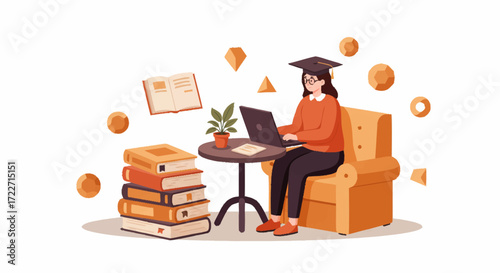 A female graduate in a mortarboard cap studying online with a laptop while sitting in an armchair.