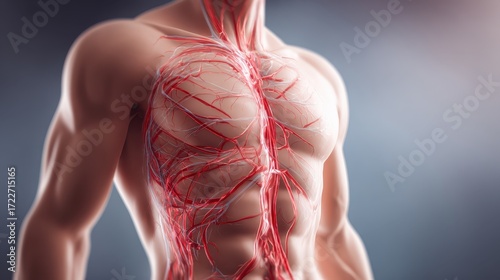 Anatomical Illustration of Human Male Chest with Vascular System