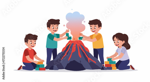 Four happy children collaboratively build and experiment with a colorful erupting volcano model.