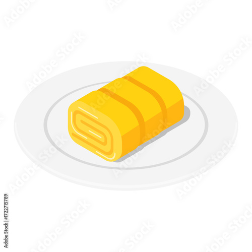 Tamagoyaki rolled omelette on white plate - flat vector illustration, Japanese food icon