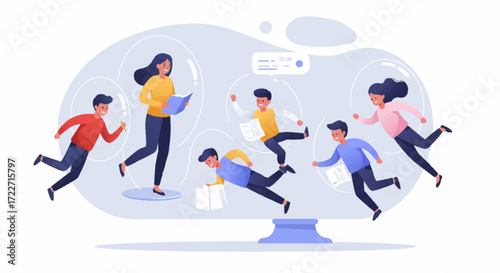 Diverse group of people, seemingly floating in bubbles, engaged in various activities, suggesting a concept of individual focus or isolation.