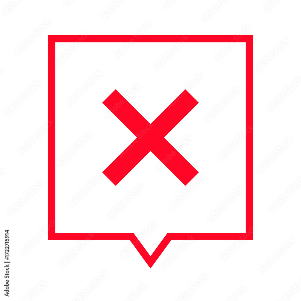 Obraz premium Minimal red outlined chat bubble with cross, simple cancel or error notification symbol for web and app communication UI, PNG with transparent background