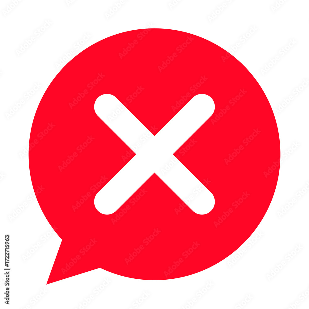 Fototapeta premium Red chat bubble icon with white cross, message cancel or error notification symbol, communication UI design element, PNG with transparent background