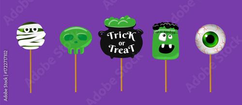 Spooky Halloween lollipop set: mummy, bubbling cauldron 'Trick or Treat’, scull, Frankenstein, eerie eyeball pops. Ideal for party favors, display, event decor, kids crafts.
