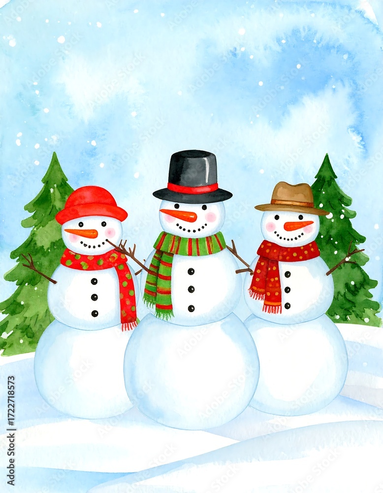 Fototapeta premium Three snowmen in winter scene