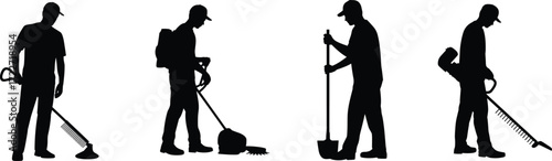 Gardening worker silhouettes, landscaping illustration, black and white garden tools, rake shovel blower trimmer, outdoor maintenance art, lawn care design, yard work graphics