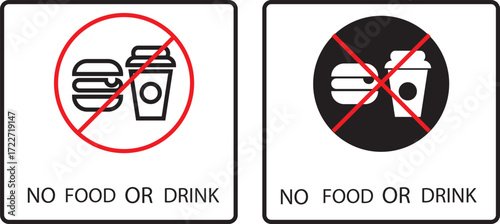 No food or drink allowed sign. No eating or drinking sign. Food Not Allowed. A red and black prohibition sign indicating no food or drink allowed in the area. Modern flat vector sticker label with ico