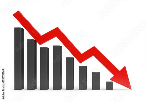 Red arrow pointing down over declining bar graph isolated on white background Free Download Red arrow pointing down over declining bar graph isolated on white background - GFXLoad