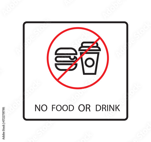 No food or drink allowed sign. No eating or drinking sign. Food Not Allowed. A red and black prohibition sign indicating no food or drink allowed in the area. Modern flat vector sticker label with ico