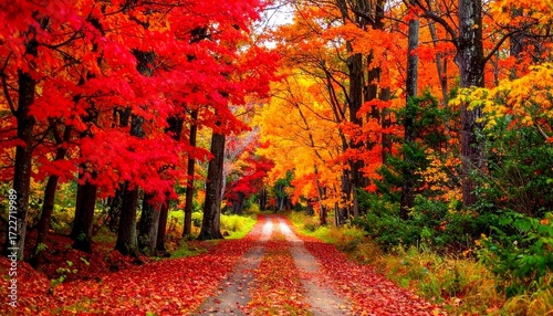 A vibrant autumn scene with a dirt road leading through a forest, lined with trees displaying brilliant shades of red, orange, and yellow foliage