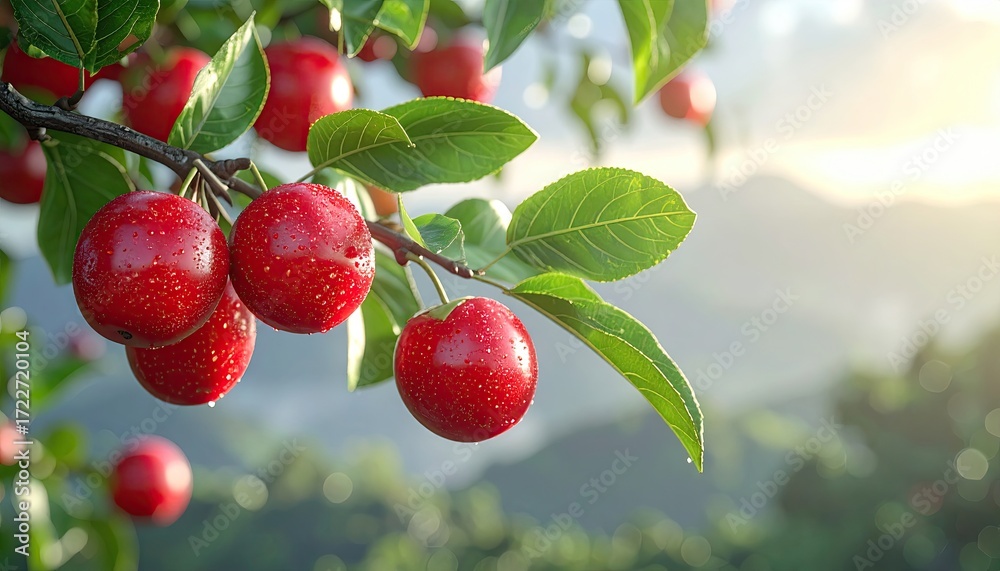 Obraz premium Ripe red berries cluster on branch, leaves, blurred background