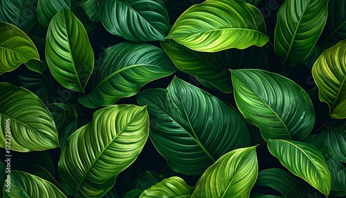 Lush, vibrant, and detailed close-up of various rich green leaves filling the frame with natural textures and dark shadows