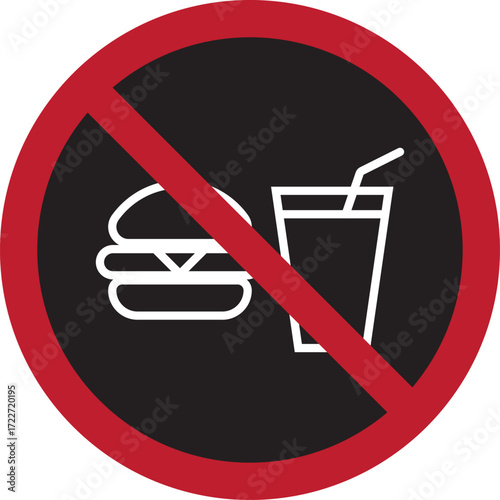 No food or drink allowed sign. No eating or drinking sign. Food Not Allowed. A red and black prohibition sign indicating no food or drink allowed in the area. Modern flat vector sticker label with ico
