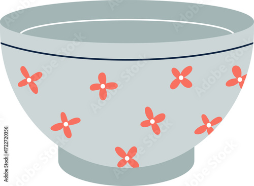 A grey bowl with red floral patterns and a blue rim
