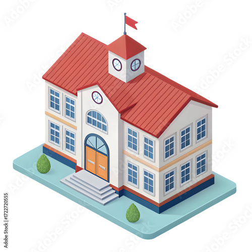 Charming isometric illustration of a classic school building with red roof
