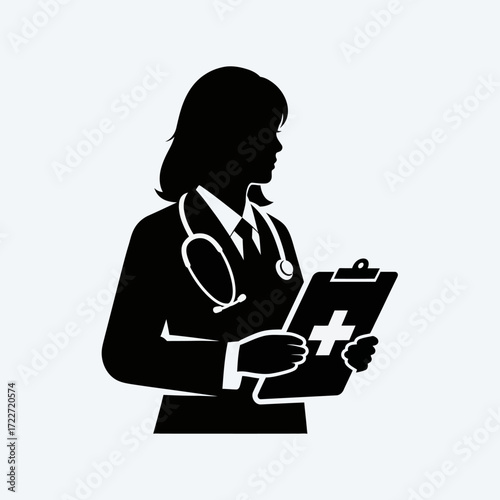 Silhouette of a female doctor with a stethoscope and clipboard, a medical professional icon for healthcare