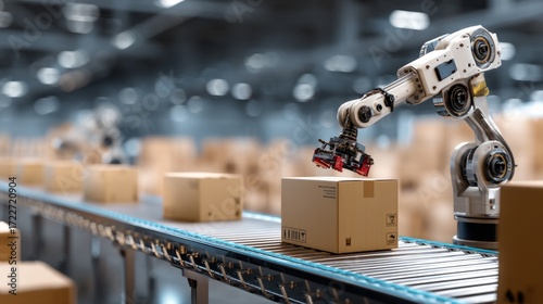 Industrial robot handling packages on a conveyor belt in a warehouse